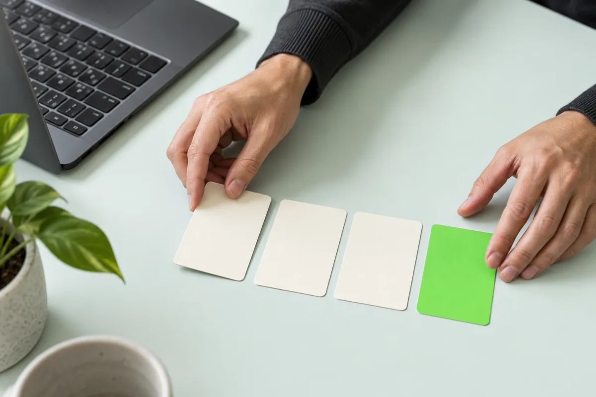 Pessoa organizando cartões claros e um cartão verde ao lado de um notebook