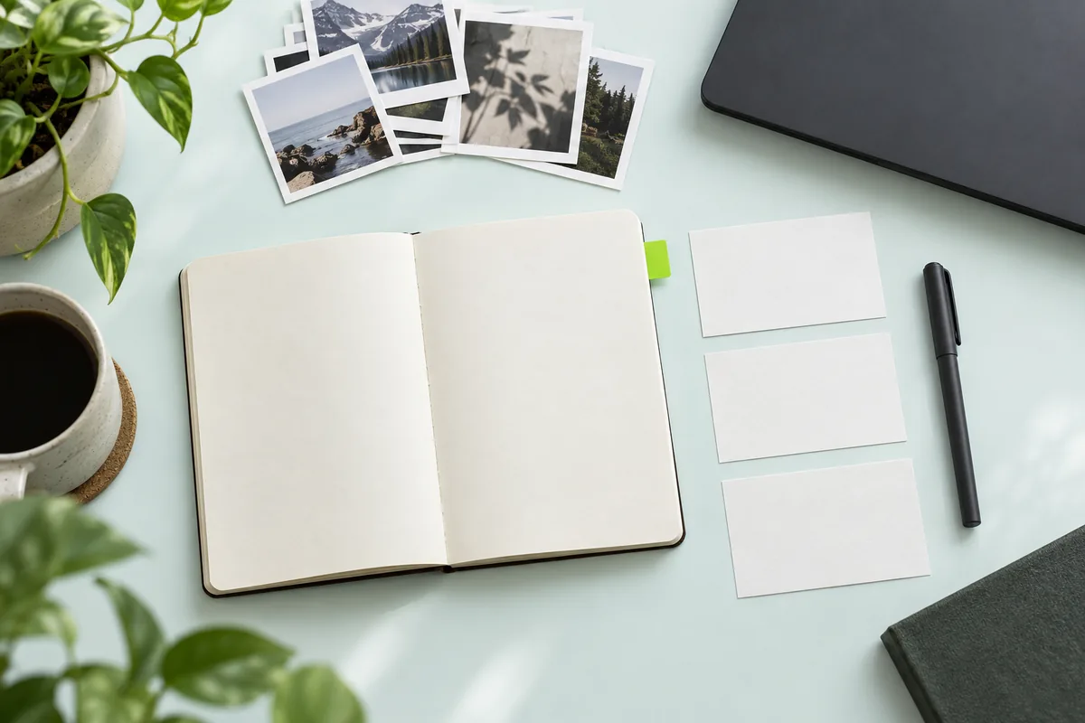 Caderno aberto, cartões, fotografias e caneta organizados sobre uma mesa verde-clara