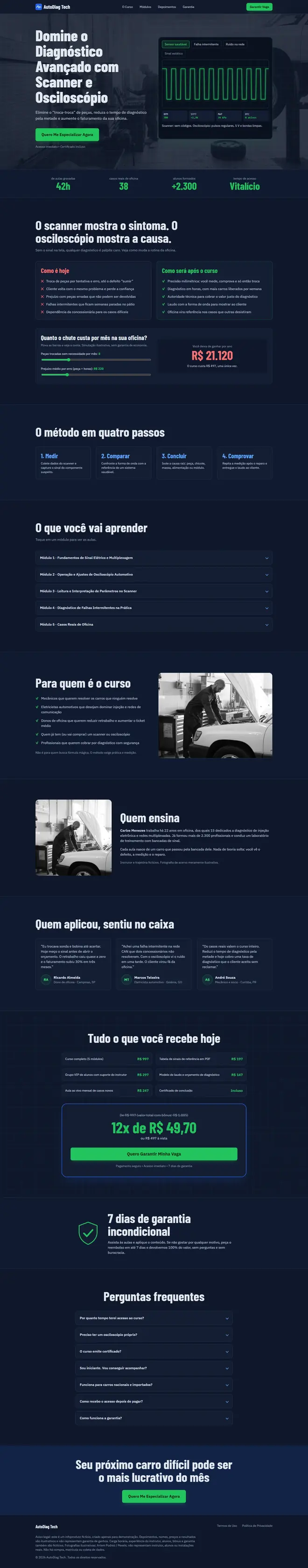Captura completa da landing page do curso fictício AutoDiag Tech
