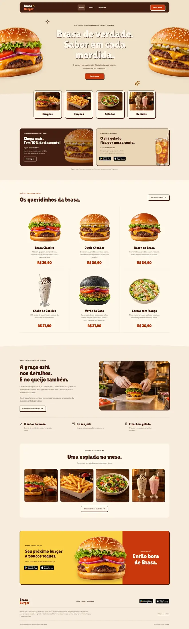 Captura completa da página inicial da hamburgueria fictícia Brasa Burger