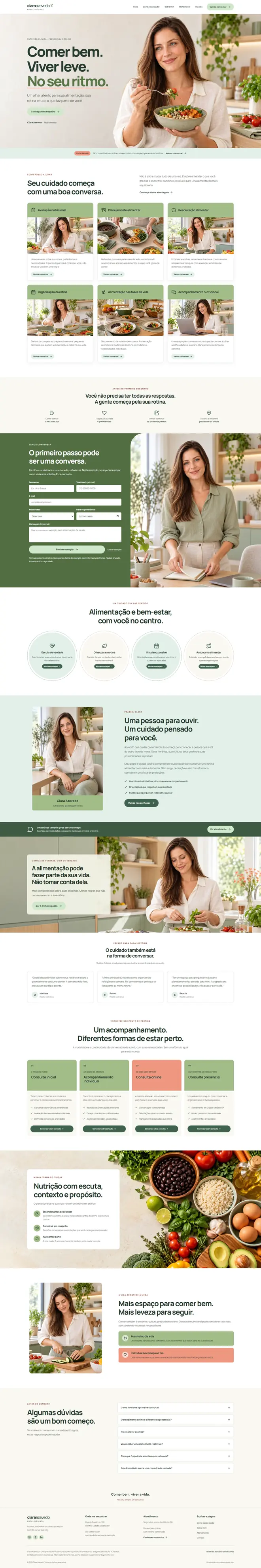 Captura completa da página única da nutricionista fictícia Clara Azevedo