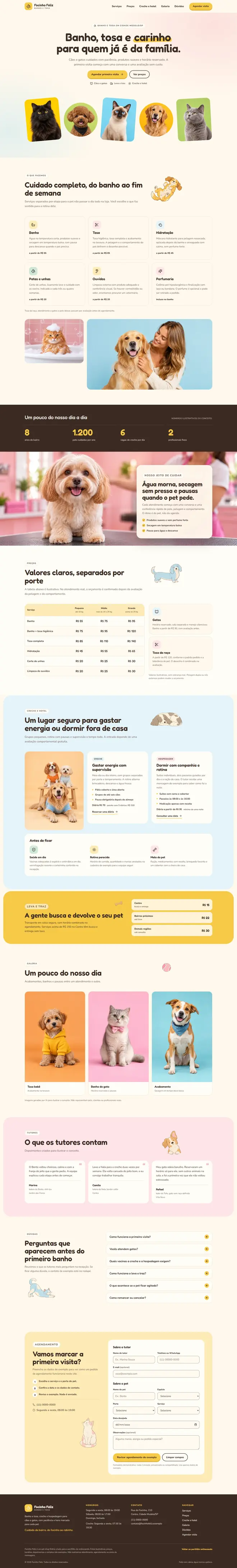 Captura completa da página única do pet shop fictício Focinho Feliz