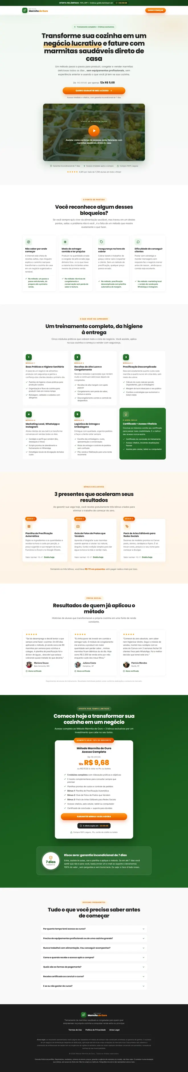 Captura completa da landing page do curso fictício Método Marmita de Ouro