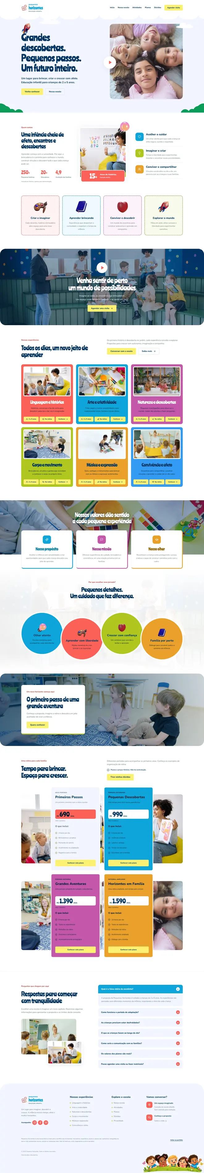 Captura completa da página única da escola infantil fictícia Pequenos Horizontes