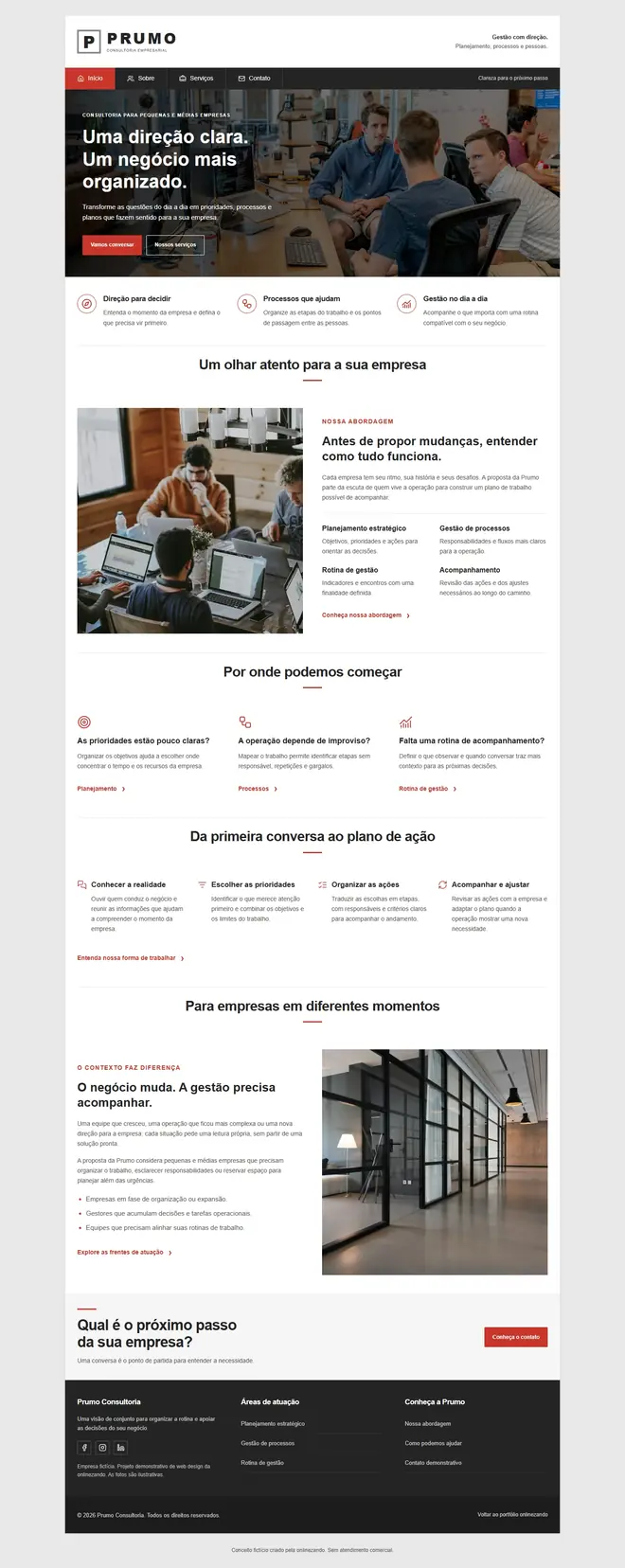 Captura completa da página inicial do conceito Prumo Consultoria