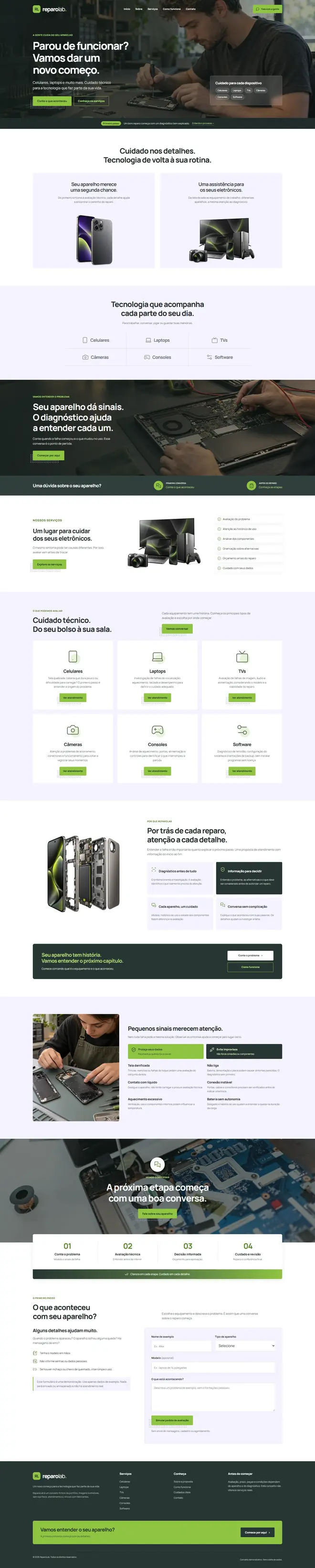 Captura completa da página única da assistência técnica fictícia ReparoLab