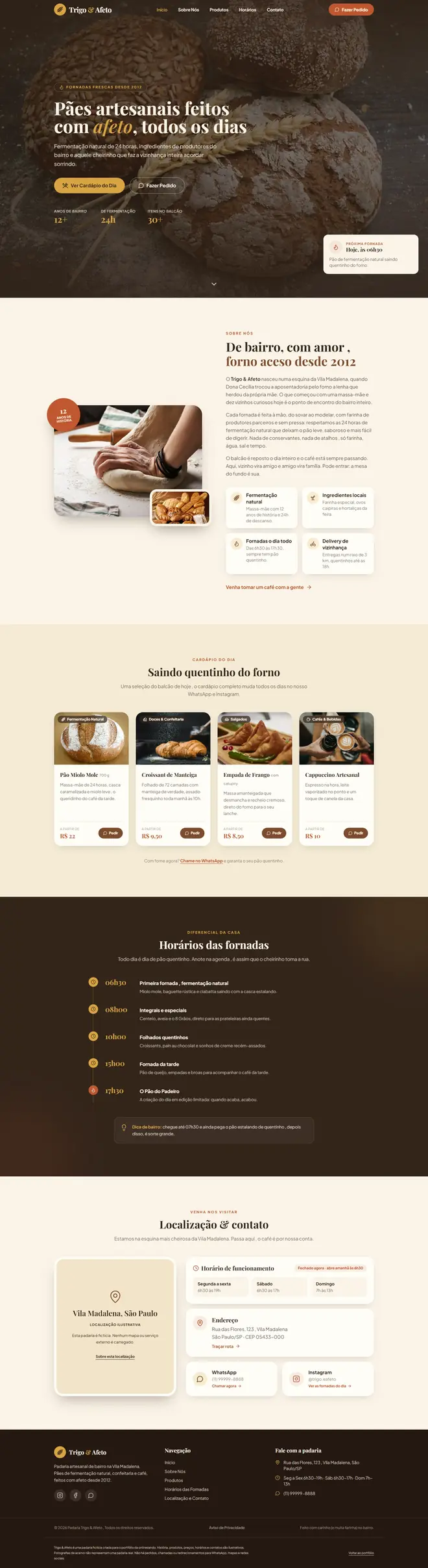 Captura completa da página única da padaria fictícia Trigo & Afeto