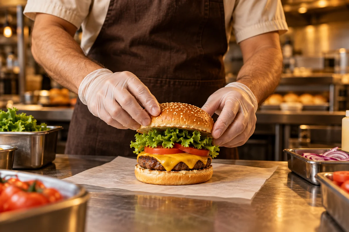 Mãos com luvas montando um hambúrguer em uma cozinha ilustrativa