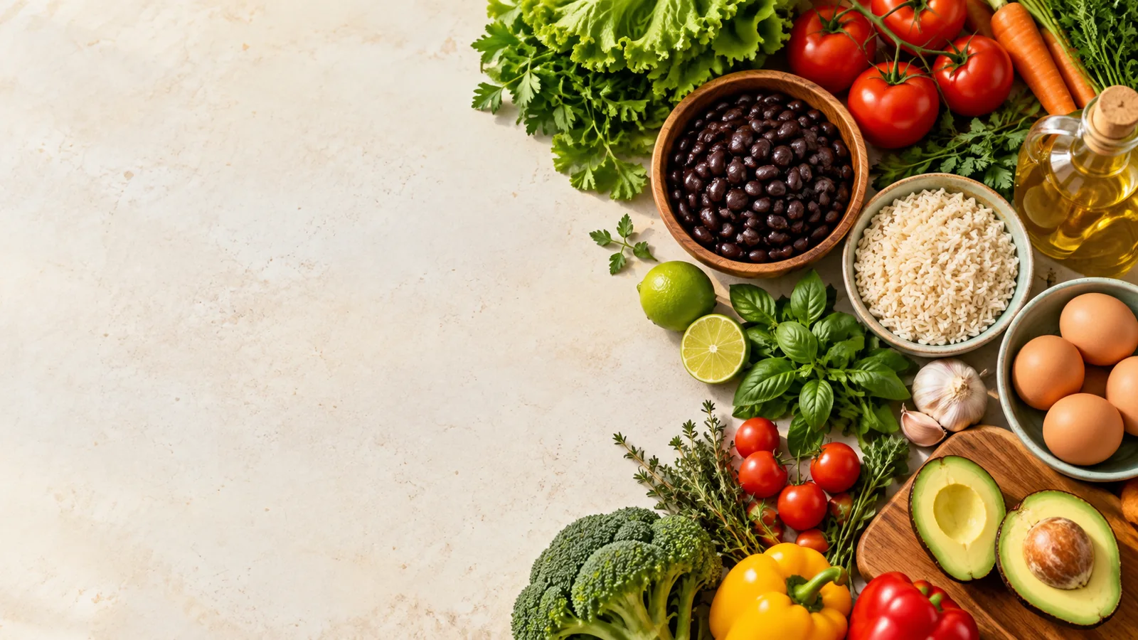 Ingredientes variados, incluindo legumes, frutas, grãos e ovos, sobre uma superfície clara