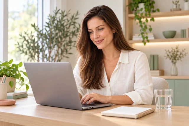 Clara diante de um notebook em seu consultório