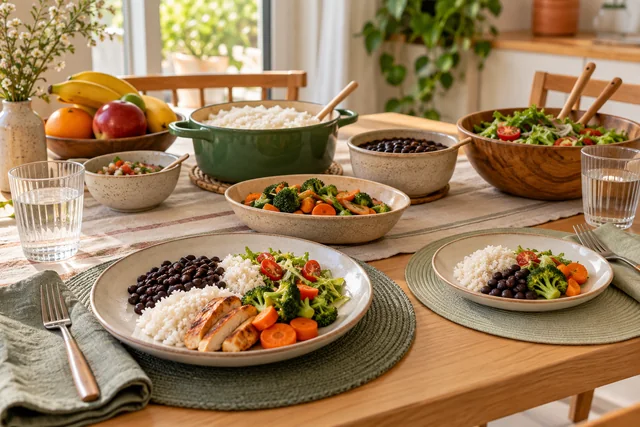 Mesa posta com arroz, feijão, saladas e legumes