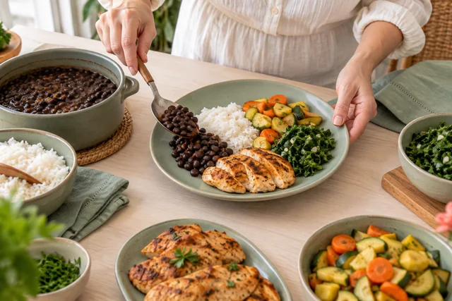 Uma refeição com arroz, feijão, legumes e frango sendo servida