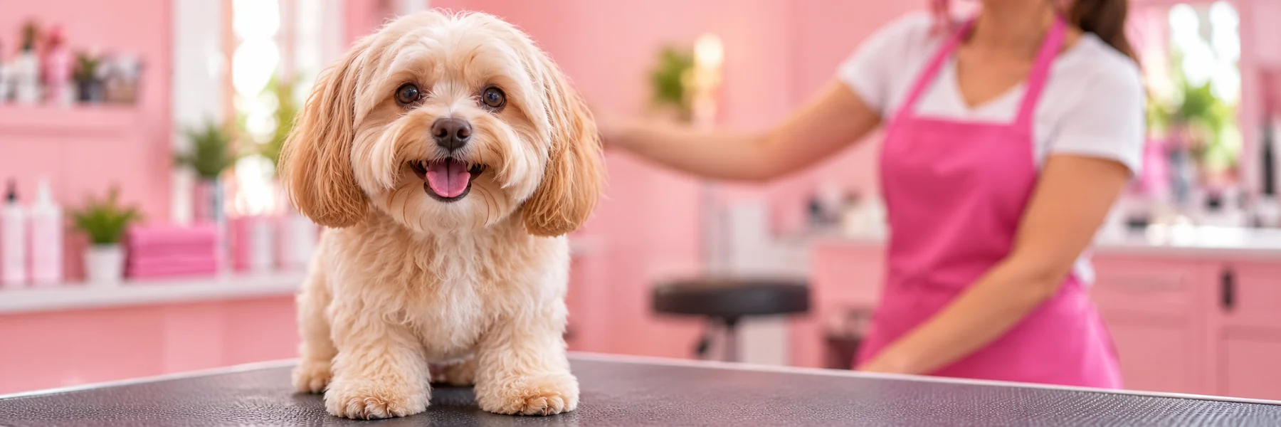 Cão de pelagem clara em uma mesa de banho e tosa, com profissional de avental rosa ao fundo