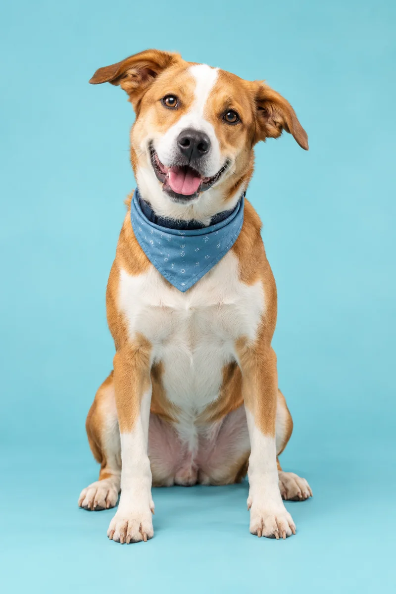 Cão caramelo e branco sentado com bandana azul sobre fundo turquesa