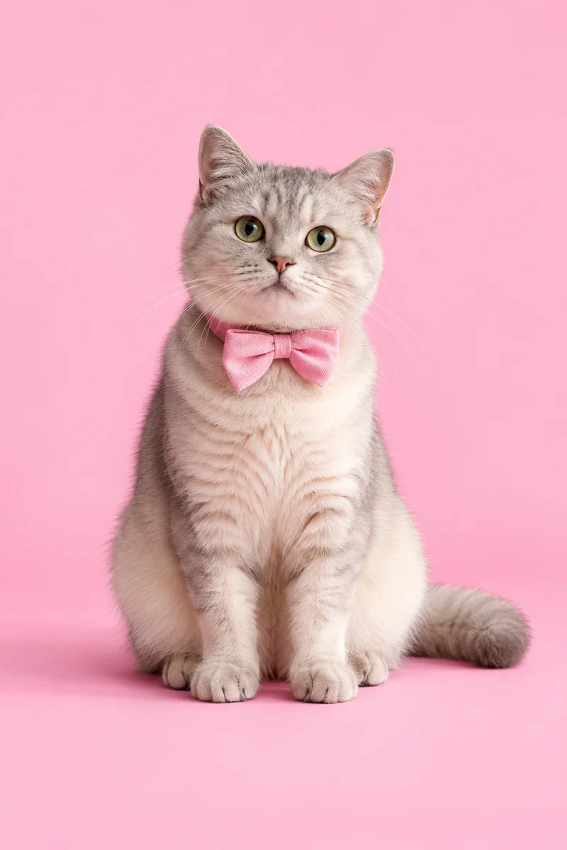 Gato cinza-claro sentado com laço rosa sobre fundo rosa