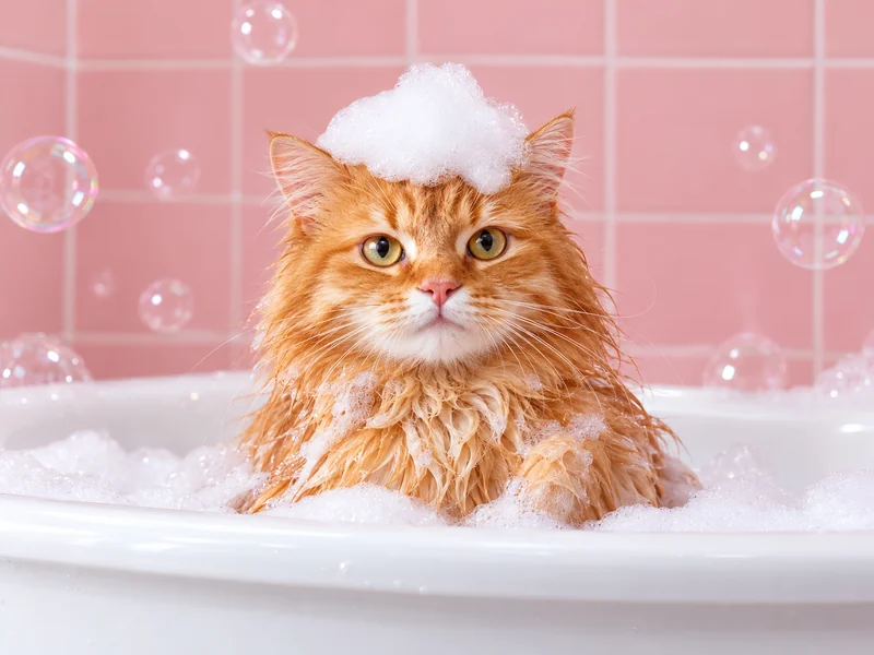 Gato laranja na banheira branca, com espuma sobre a cabeça e azulejos rosa ao fundo
