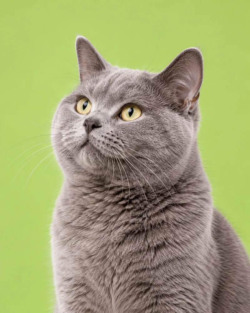 Gato cinza olhando para cima sobre fundo verde