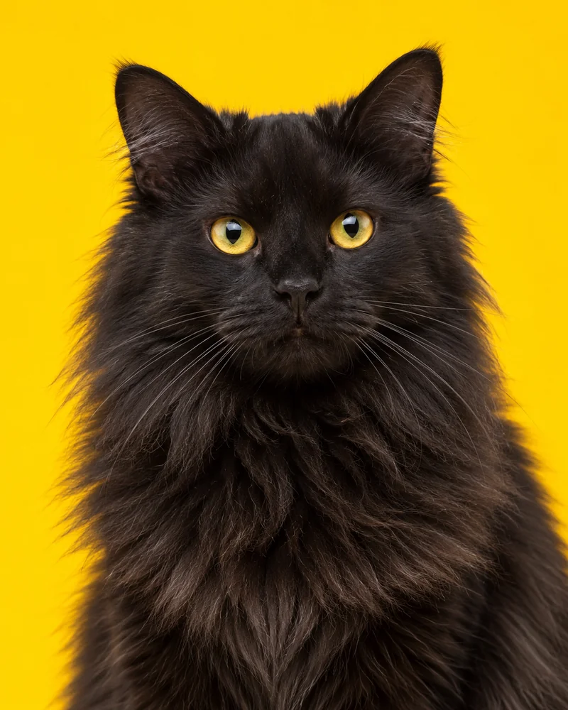 Gato preto de olhos dourados sobre fundo amarelo