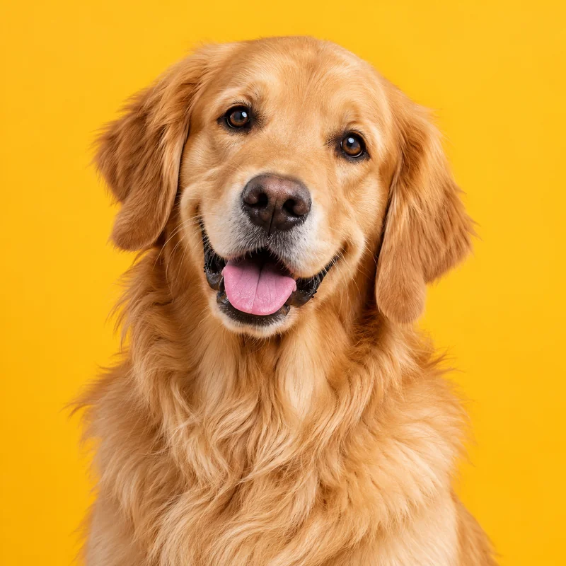 Golden retriever sobre fundo amarelo