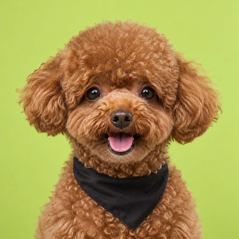 Poodle marrom de bandana preta sobre fundo verde