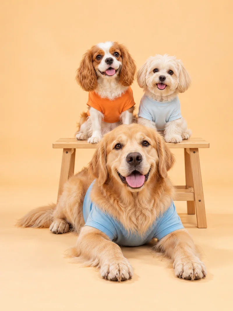 Golden retriever de camiseta azul deitado diante de dois cães pequenos sentados em um banco