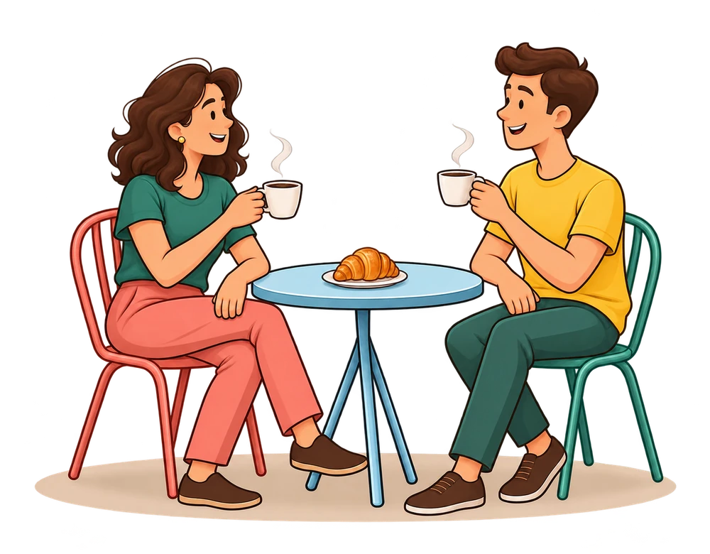 Ilustração de duas pessoas conversando com café e croissant à mesa