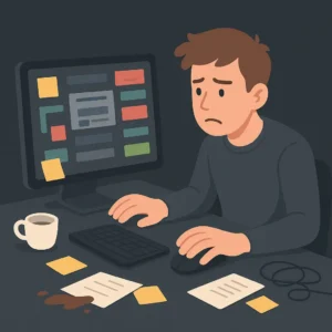 ilustração de web designer amador - trabalho desorganizado e ferramentas precárias