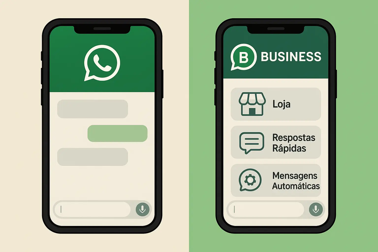 ilustração comparativa - WhatsApp comum vs. WhatsApp Business: diferença entre versão básica e profissional para negócios